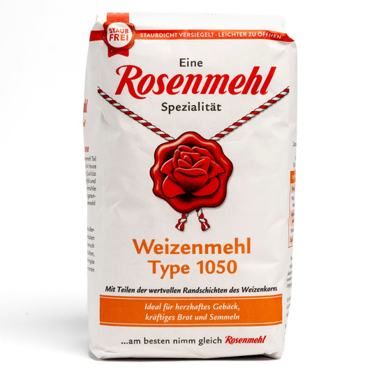 Rosenmehl Weizenmehl Type 1050 Verpackung (1 kg) – Mit wertvollen Randschichten des Weizenkorns.