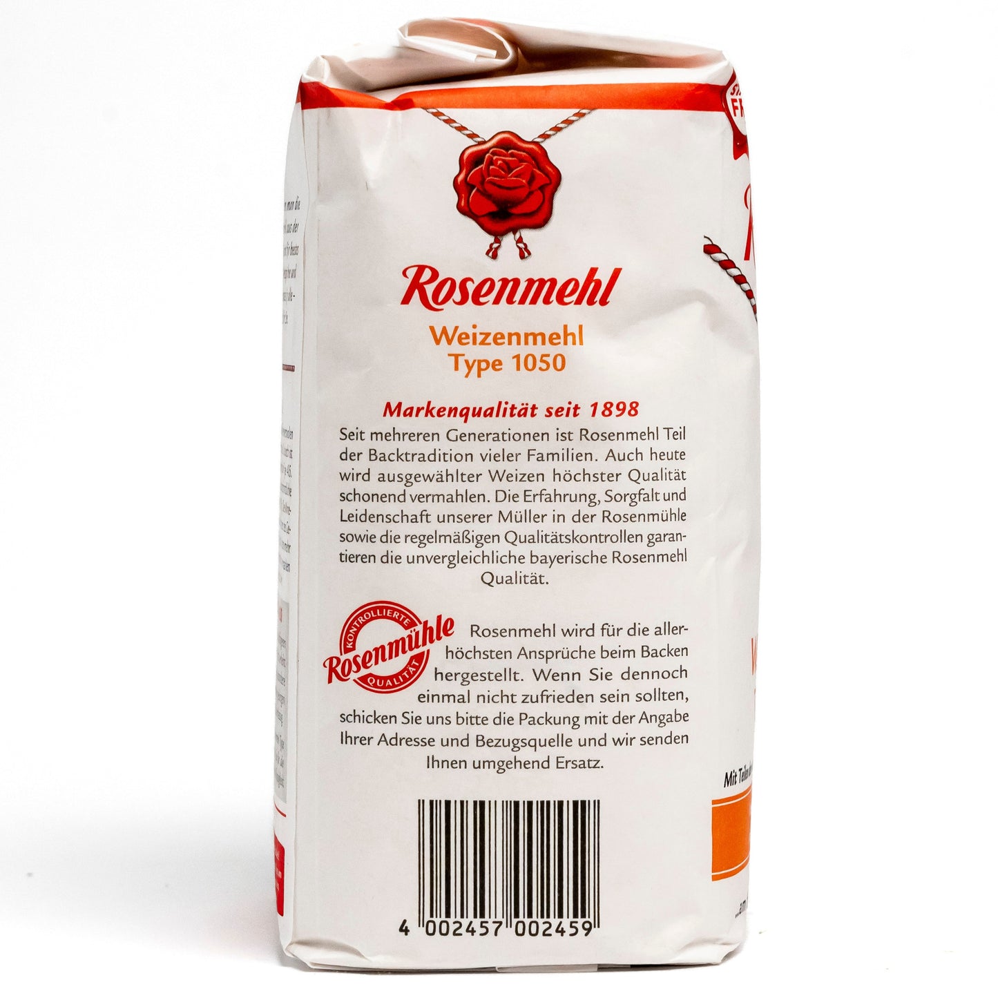 Rosenmehl Weizenmehl Type 1050 Verpackung mit Qualitätsversprechen.