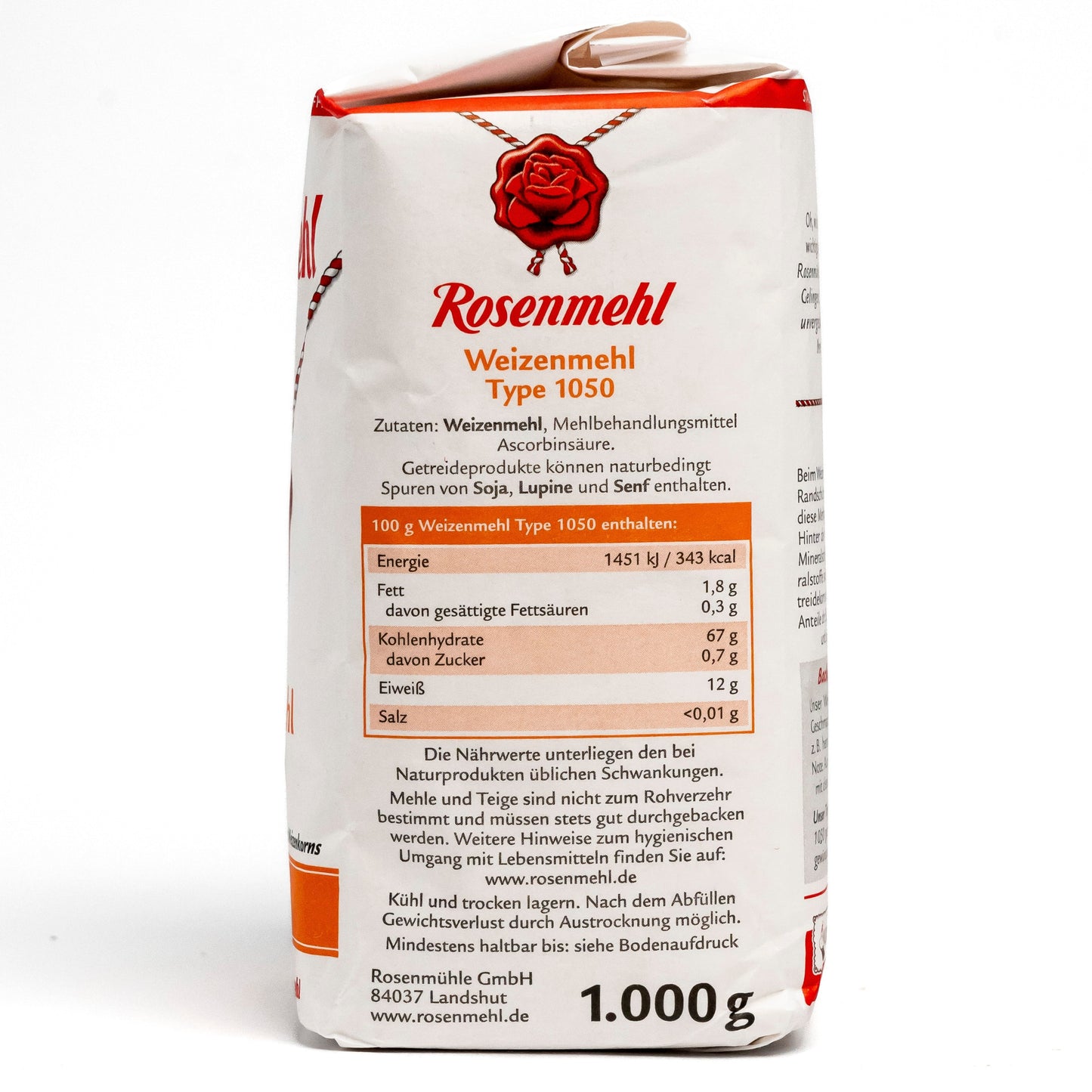 Nährwerttabelle auf der Rosenmehl Weizenmehl Type 1050 Verpackung.