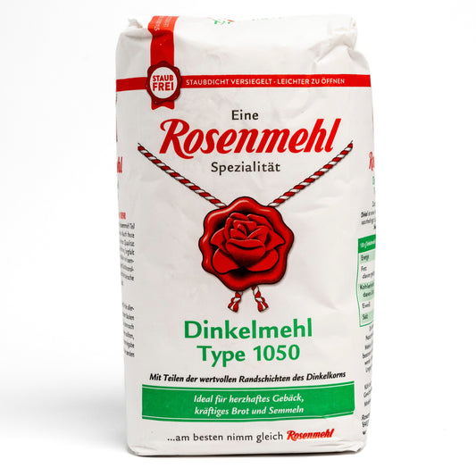 Rosenmehl Dinkelmehl Type 1050 in hochwertiger 1-kg-Verpackung.