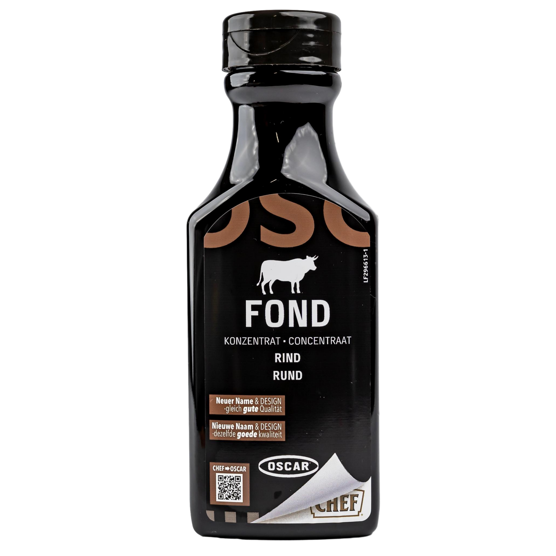 Vorderansicht der Oscar Rinderfond Konzentrat Flasche – 200 ml.