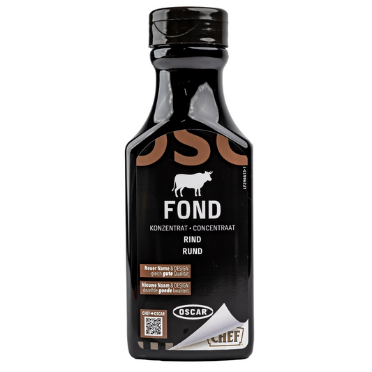 Vorderansicht der Oscar Rinderfond Konzentrat Flasche – 200 ml.