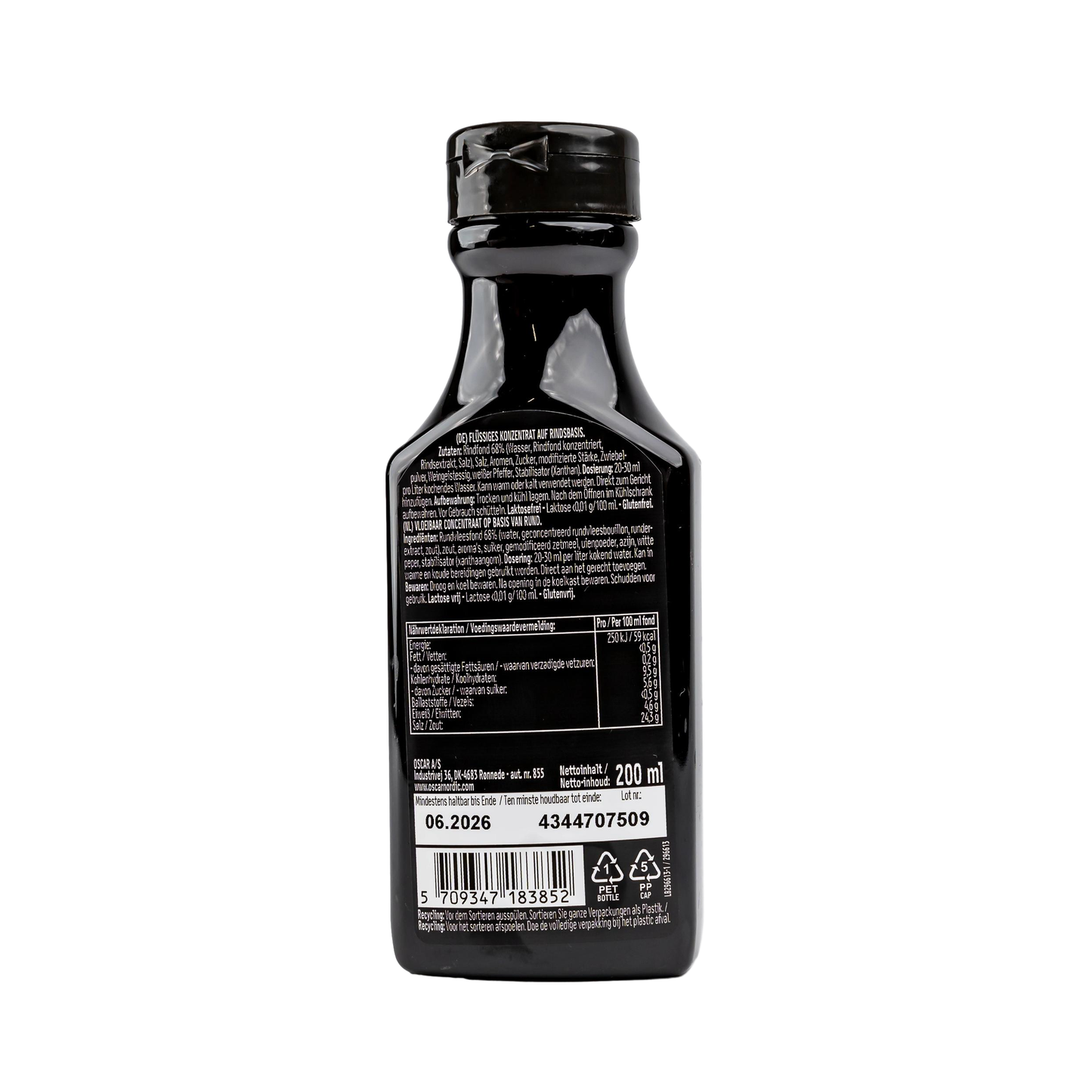 Rückansicht der Oscar Rinderfond Konzentrat Flasche mit Zutaten & Nährwertangaben.