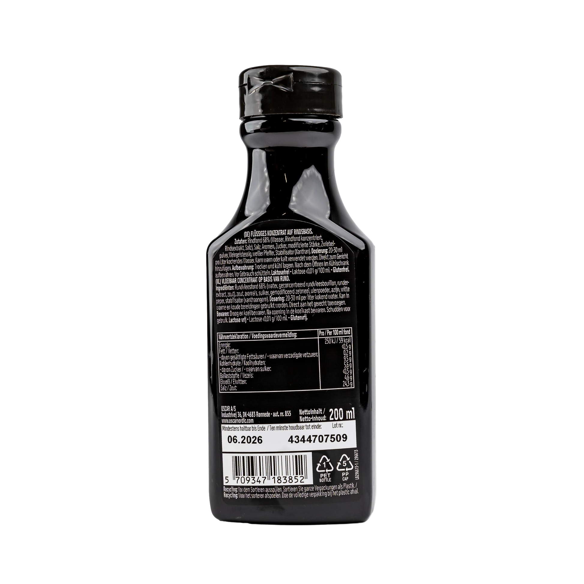 Rückansicht der Oscar Rinderfond Konzentrat Flasche mit Zutaten & Nährwertangaben.