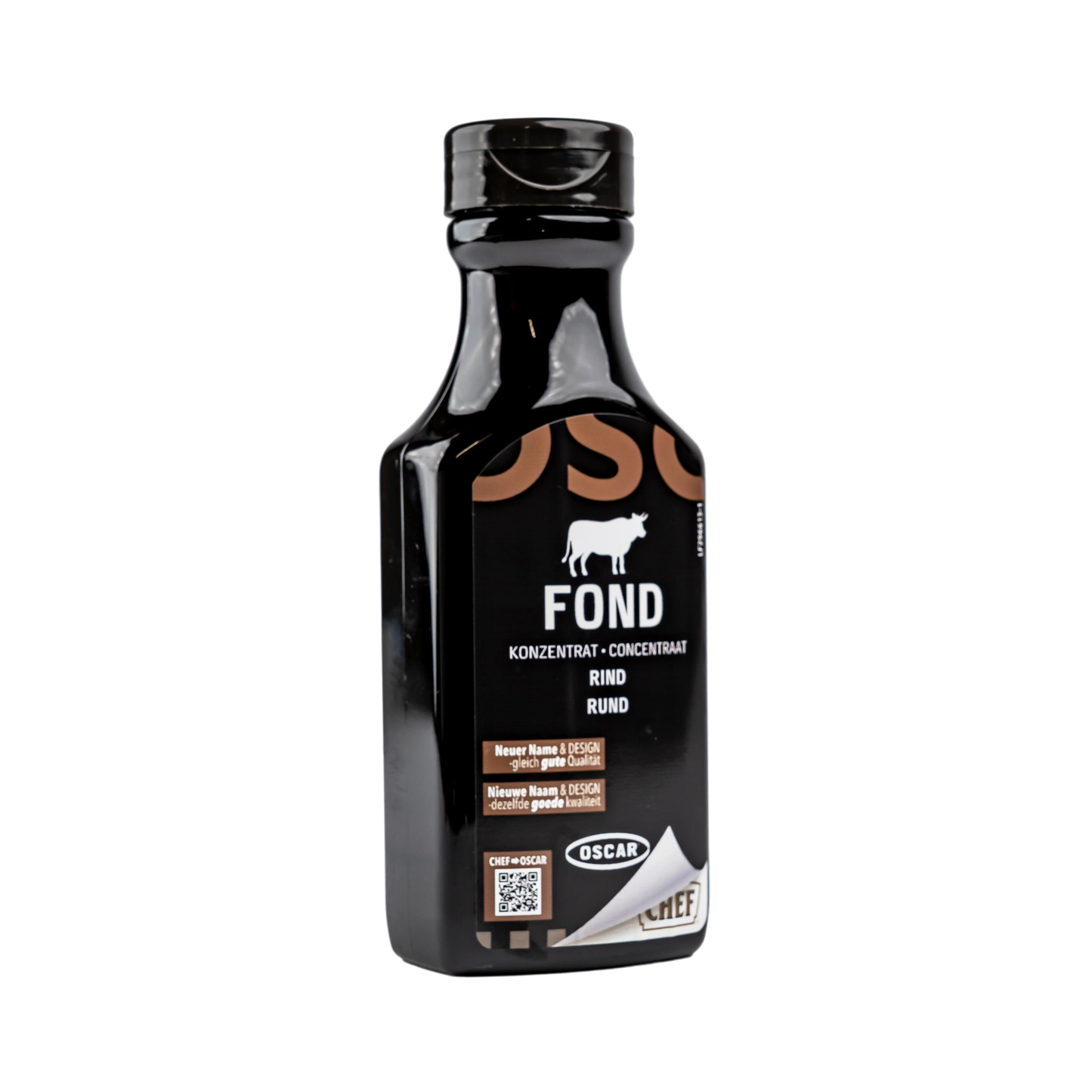 Seitenansicht der Oscar Rinderfond Konzentrat Flasche – Hochwertiges Design.