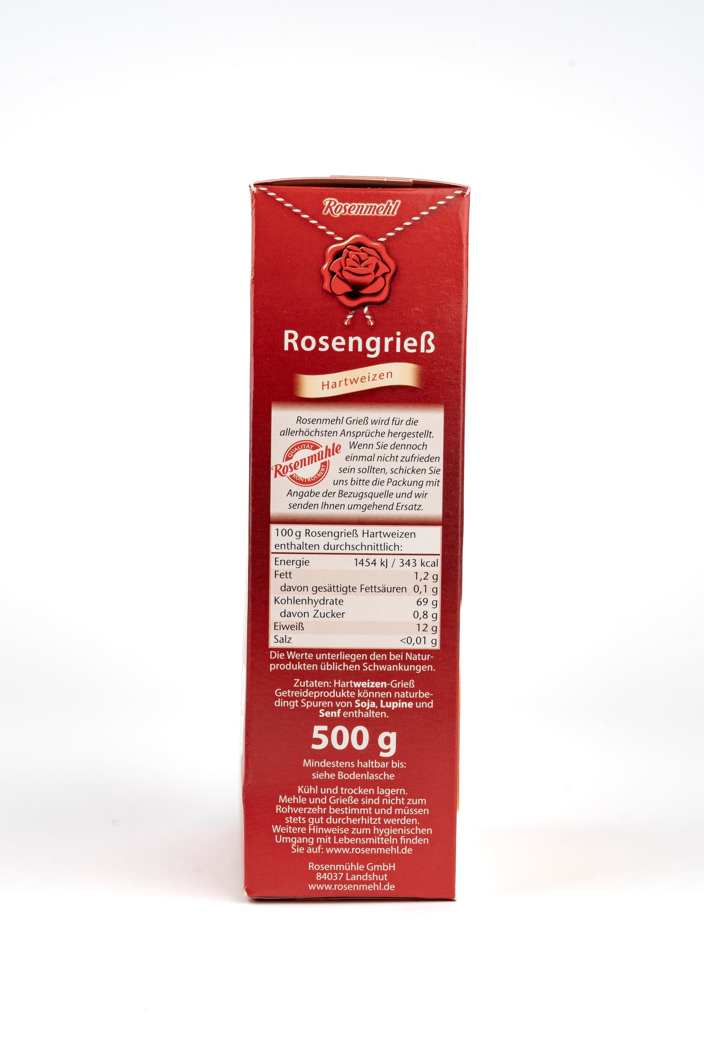Verpackung des Rosenmehl Rosengrieß mit Rezeptvorschlägen