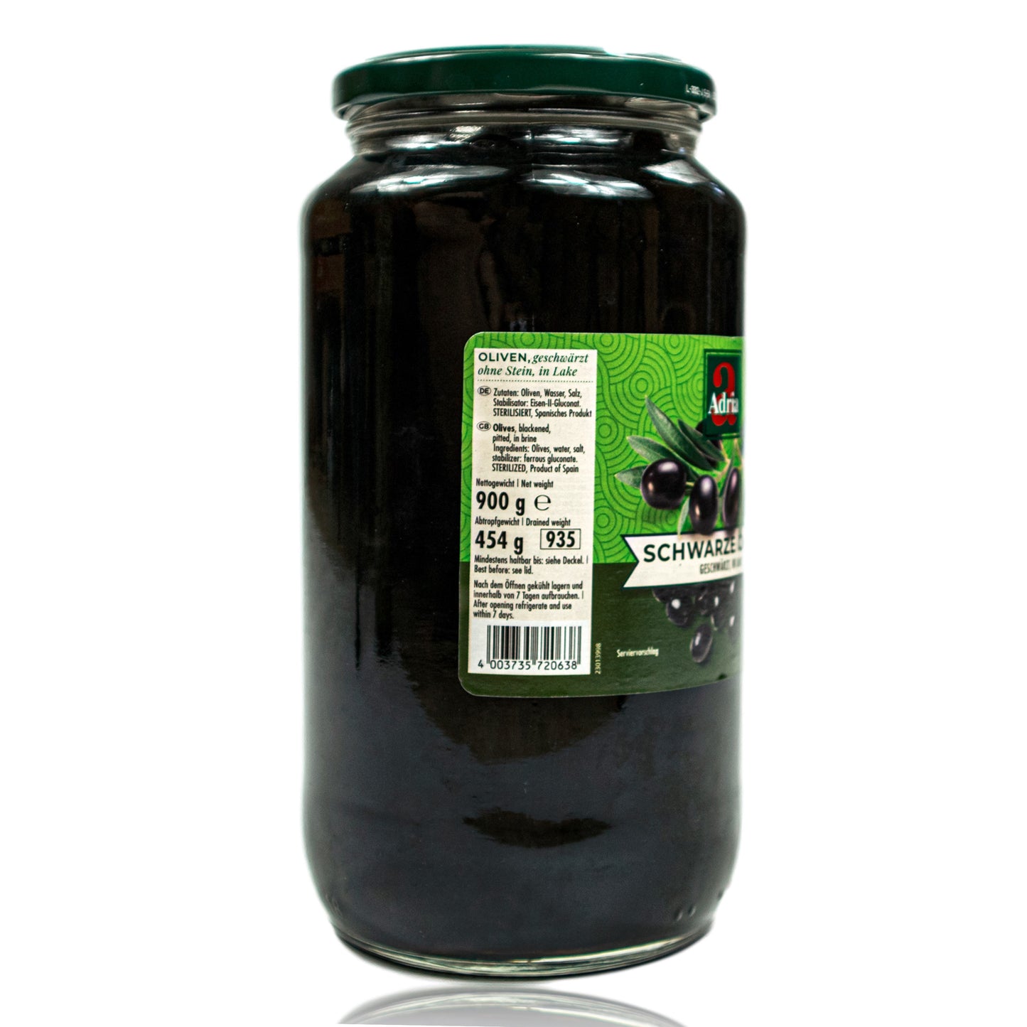 ADRIA - Schwarze Oliven entsteint in Salzlake eingelegt á 900 g Glas