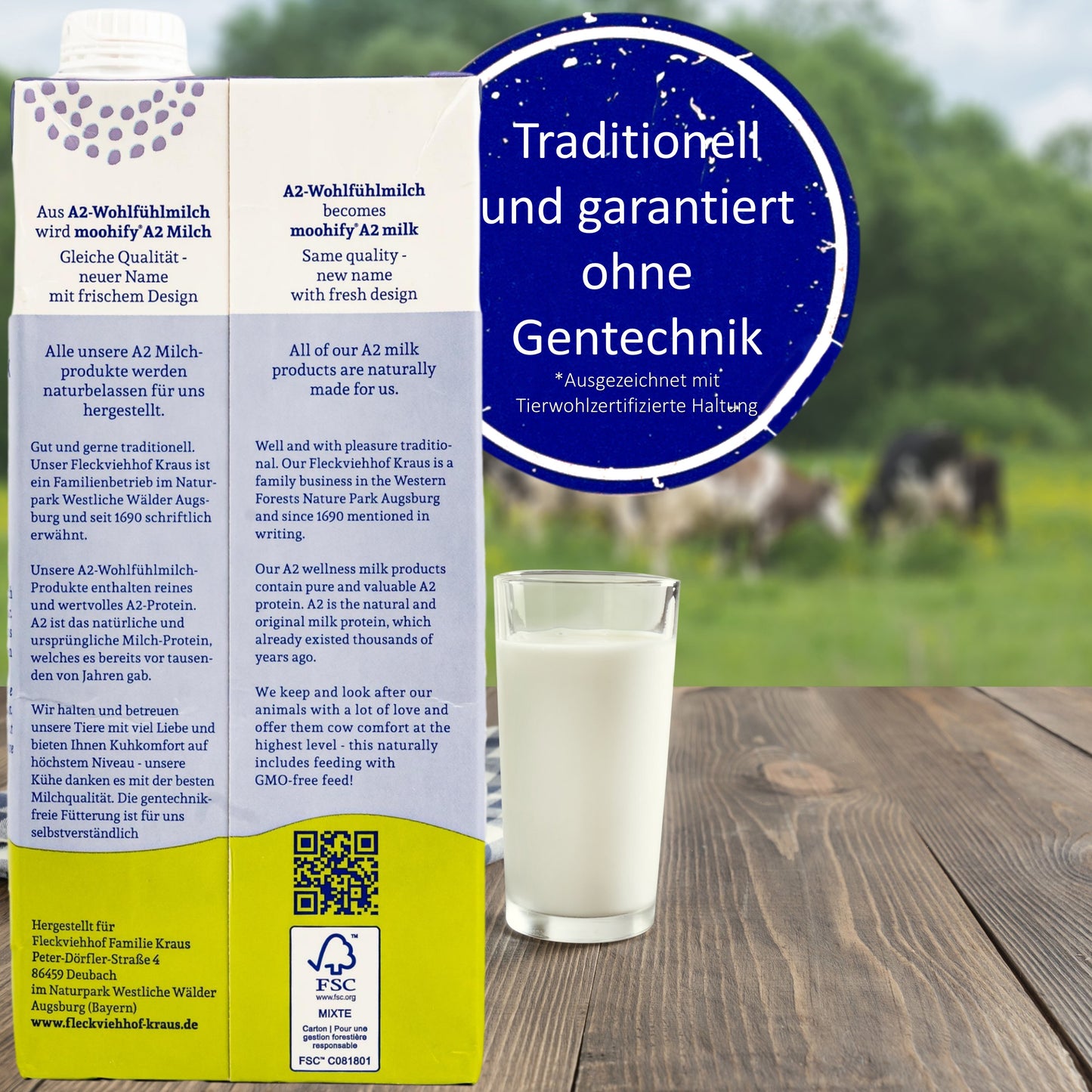 A2 - Wohlfühl-Milch H-Vollmilch 3,8% ohne Gentechnik mit wertvollem A2 Protein á 1 Liter