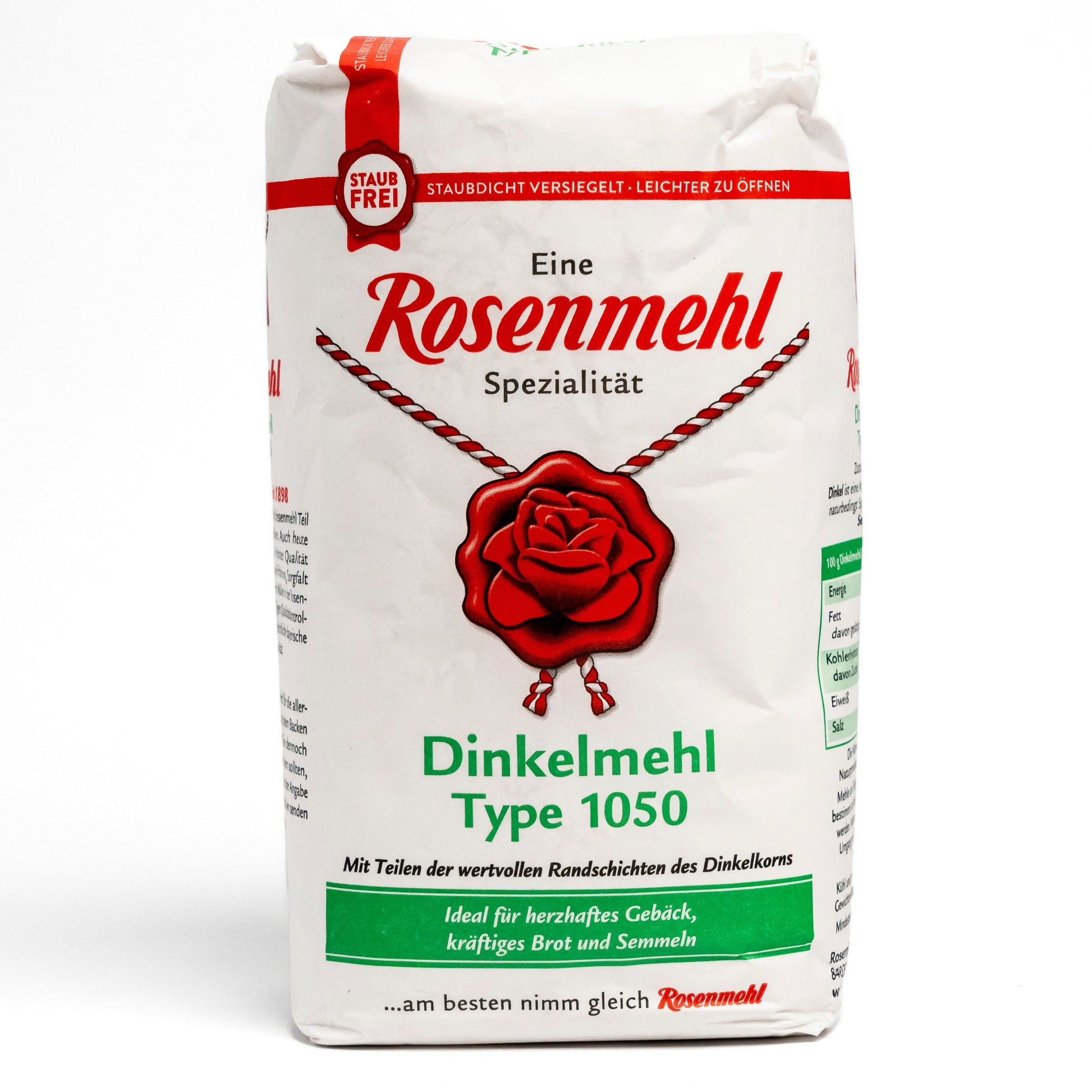 Rosenmehl Dinkelmehl Type 1050 in hochwertiger 1-kg-Verpackung.