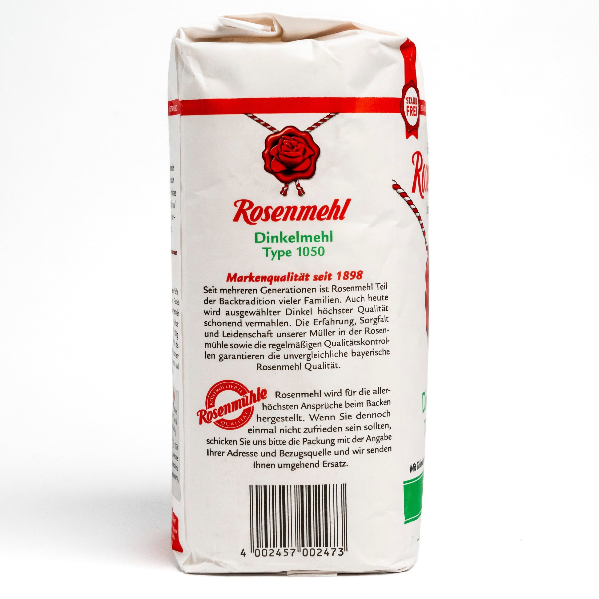 Staubdicht verpacktes Dinkelmehl Type 1050 von Rosenmehl.