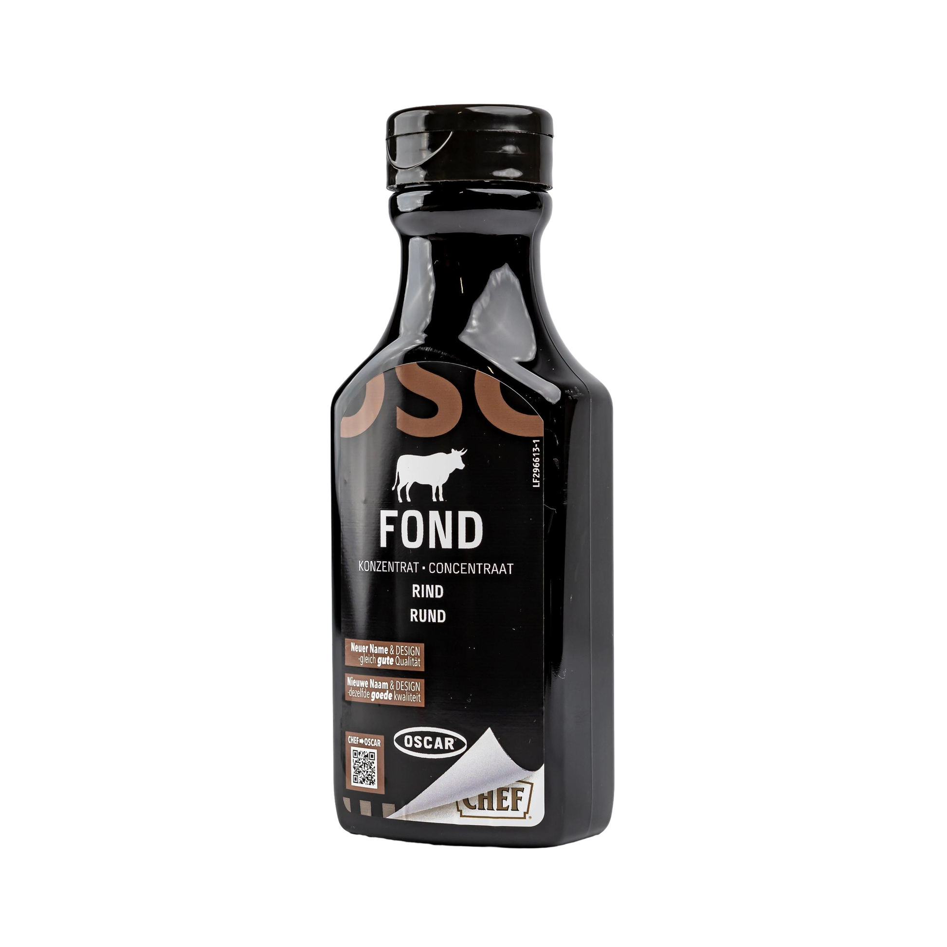 Seitenansicht der Oscar Rinderfond Konzentrat Flasche – Hochwertiges Design.